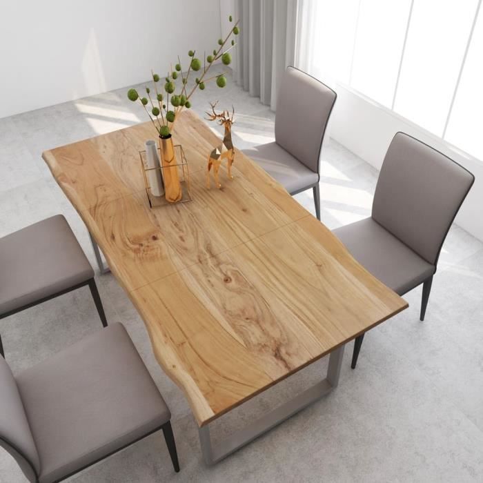 Table à manger de 6 à 8 personnes Industriel et Rustique - Bois d'acacia massif + Pieds en Acier Argenté - 180x90x76 cm