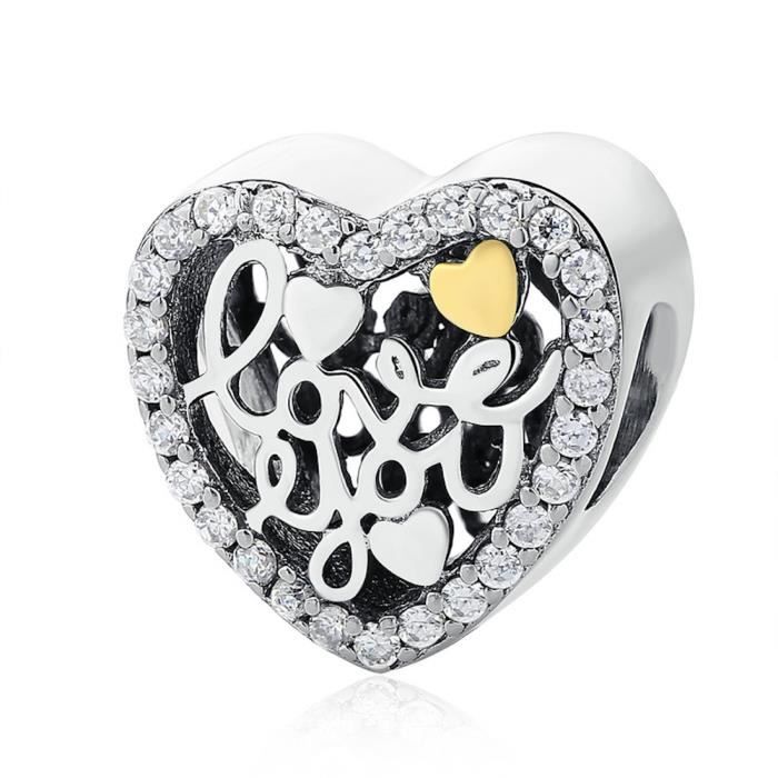 DIAN Jewellery Je t'aime Charm Perle Argent Sterling 925 Femmes Perles Charm avec Zircone Compatible avec Européen Bracelets Charmes