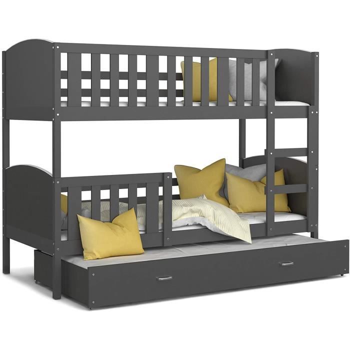 Lits pour enfants KIDS LITERIE LIT SUPERPOSÉ 3 Places Tomy 90x190 Gris Gris Livré avec 3 sommiers et 3 Matelas en Mousse 377885
