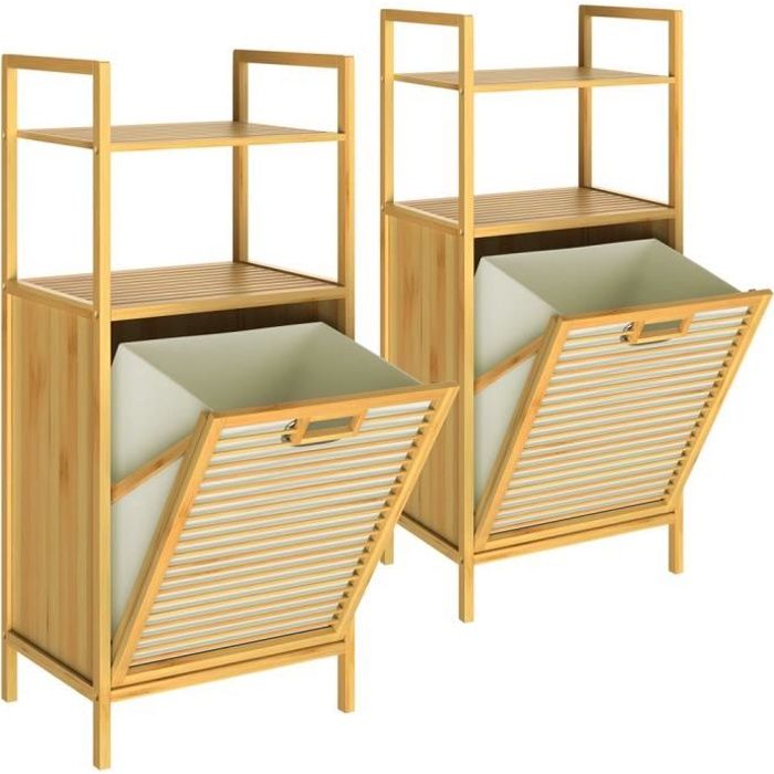 2x Meuble en bambou 2 en 1 avec étagères panier à linge intégré 43L Meuble de rangement salle de bain 95 cm