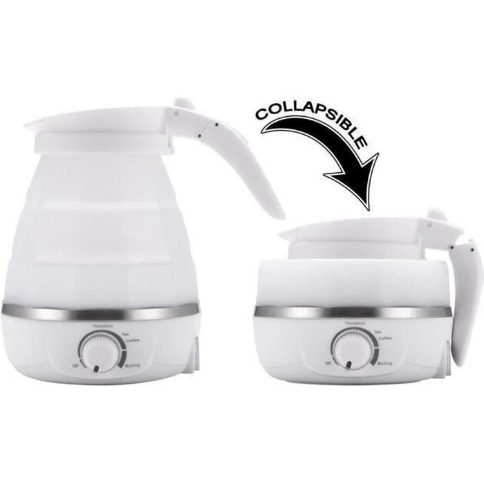 Bouilloire électrique 0.6L Pliable Mini pour Voyage Camping - GOHYO - 850W - Blanc