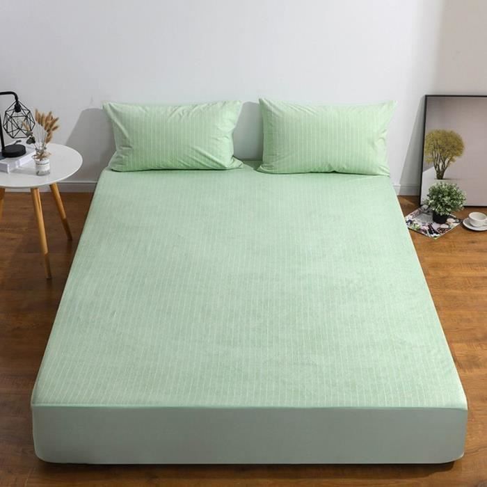 Drap Housse Rayure 150 x 190 x 30 cm Couleur Unie Imperméable Ventilation Vert