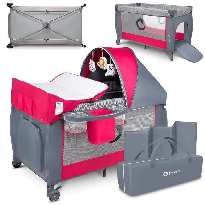 LIONELO Lit parapluie bébé Sven Plus pliable table à langer moustiquaire et accessoires - Rose