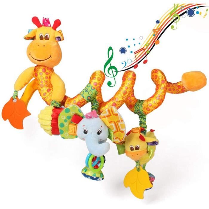 Jouets de poussette , Spirale d'activités en peluche à suspendre en spirale avec boîte à musique, hochets, couineur (girafe)