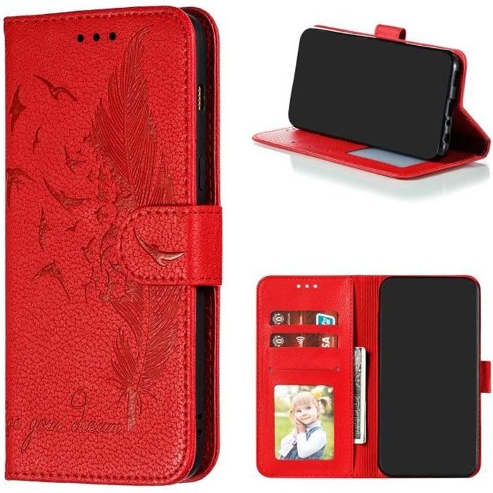 Etui Samsung Galaxy A8 (2018) Portefeuille Cuir Multifonction Housse Fermeture Magnétique à Clapet Anti-Choc (Rouge)