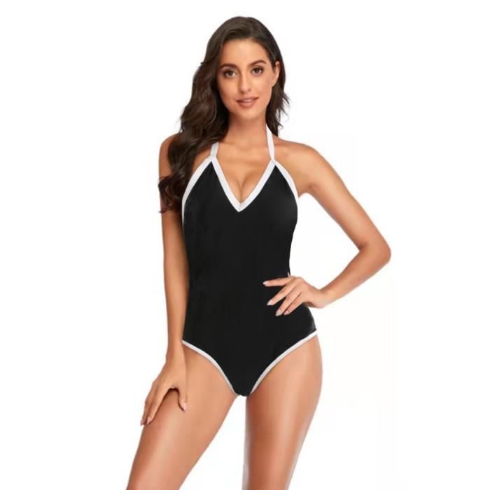 Maillot de bain une pièce pour femme Bikini Halter Col en V profond Bretelles spaghetti réglables-Noir