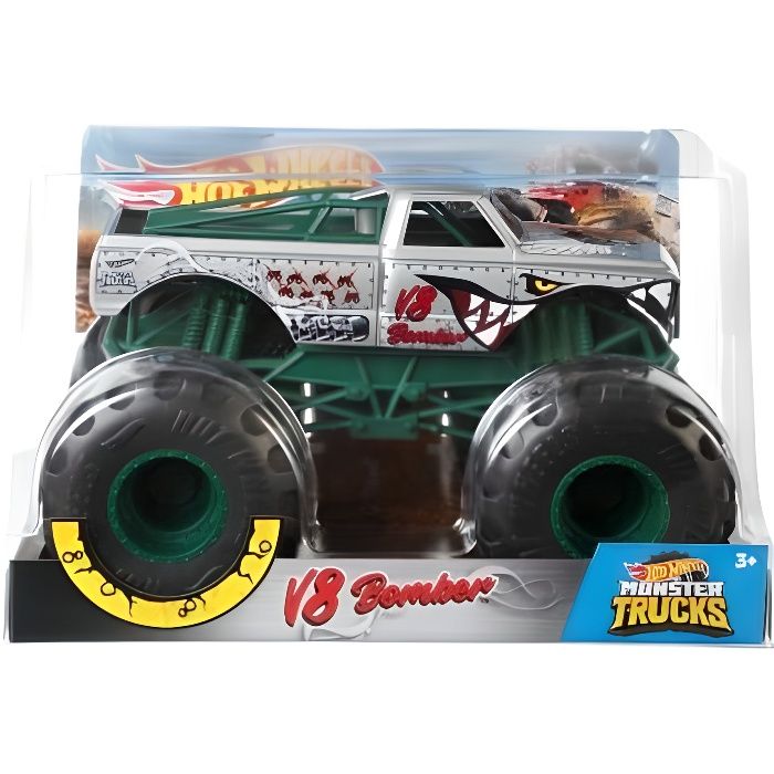 Hot Wheels - Monster Trucks Geant : V8 Bomber 19X12cm (LxH) - Voiture Grise - Grand Vehicule