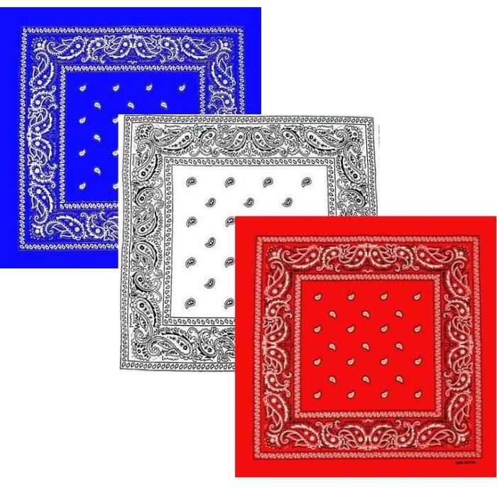 LOT 3 BANDANAS 100% COTON BLEU BLANC ROUGE Paisley Homme Femme Enfant Fille Garcon Airsoft Paintball Country Moto Motard Biker ...