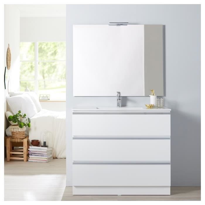 Meuble de salle de bain à poser blanc 100 cm + miroir + éclairage - Série Dynamic 3 tiroirs 100