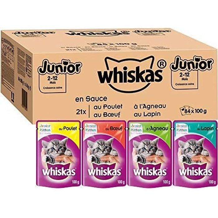 Whiskas Junior - Sachets Fraîcheur pour Jeune Chat et Chaton (2-12 Mois), Sélection Classique en Sauce, 84 Sachets Repas de 100 G