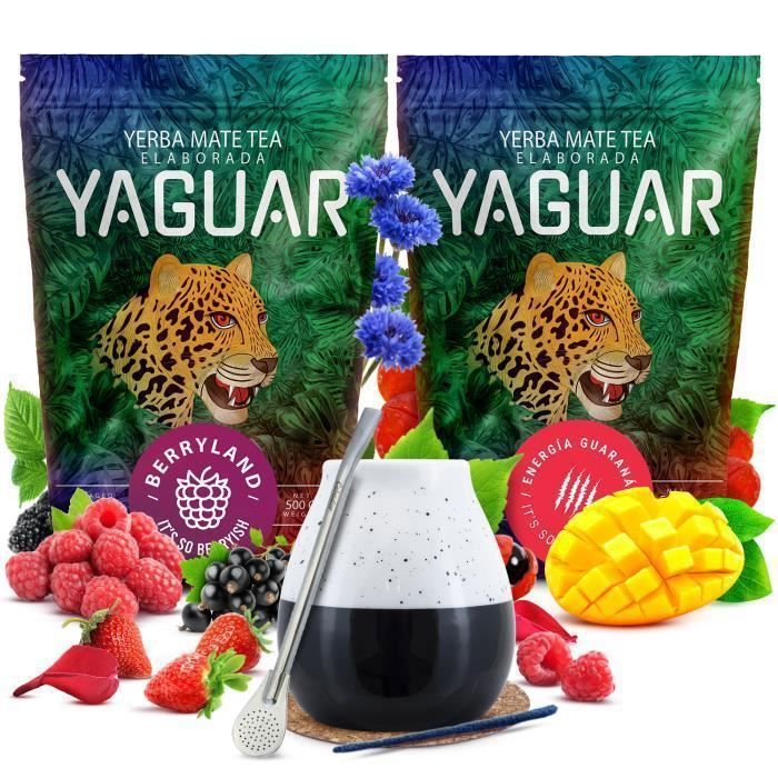 🌿 Yerba Mate 1kg Kit Fruité Yaguar Guarana Berryland Mûres et Framboises 2 x 500g - Calebasse Mate Noire 350 ml - Bombilla