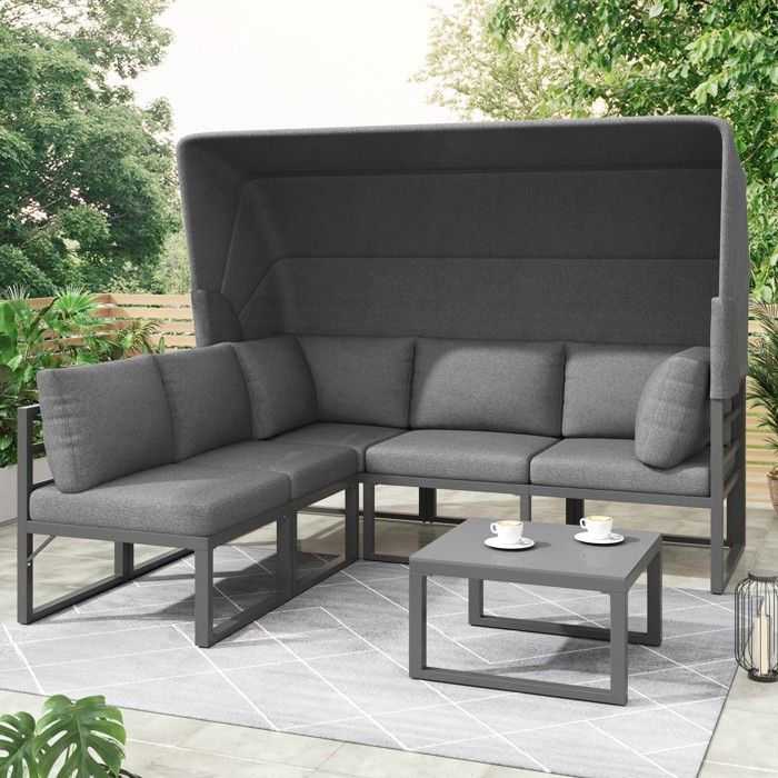 salon de jardin en fer - lit de jardin extérieur - pare soleil réglable - ensemble canapé et table - bain de soleil - lounge,gris