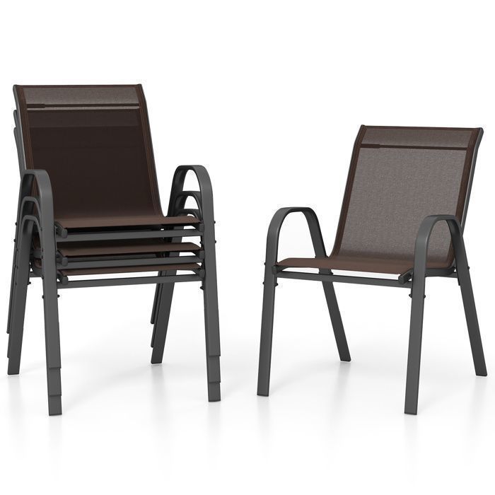 COSTWAY Lot de 4 Chaises de Jardin Tissu en Textilène Chaises à Manger Empilables avec Accoudoirs pour Patio Terrasse Marron