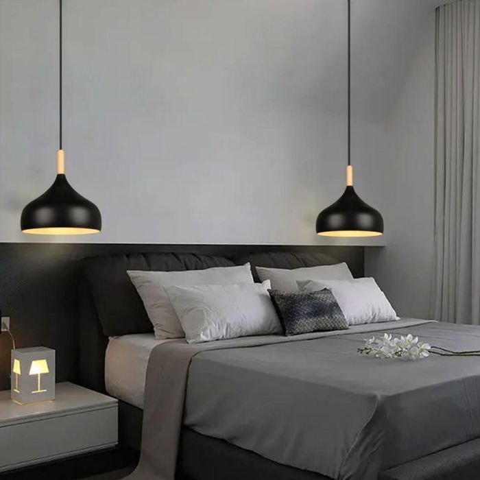 WOTTES Lustre Suspension Luminaire Moderne Style Goutte Chapeau Plafonnier Métal Bois pour Salle à Manger Ø24CM Noir 2PCS