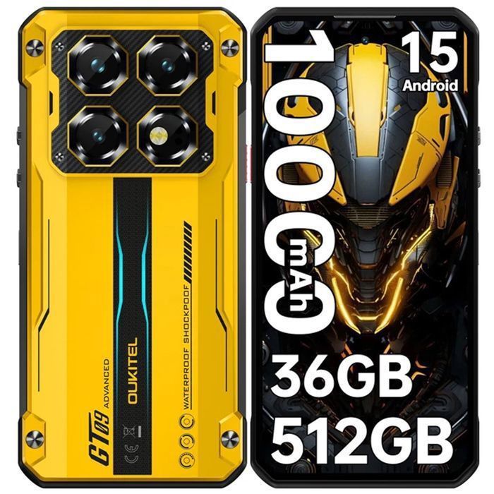 OUKITEL WP60 Smartphone Incassable 5G 36GO+512GO 10000mAh Téléphone Portable Incassable Android15 108MP 72 IP68 GPS NFC Jaune
