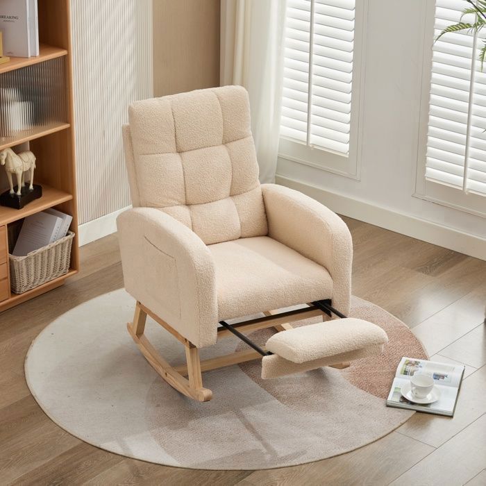 Fauteuil à bascule - LEMONBEST - Repose-pieds extensibles 132×50×99 cm - Velours Teddy - Bois massif - Beige