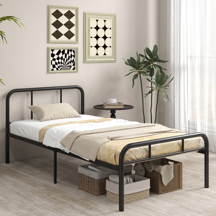 COSTWAY Lit Simple 90 x 200 cm avec Tête de Lit Lattes en Métal 30 cm Espace de Rangement Pas Besoin de Sommier Montage Facile