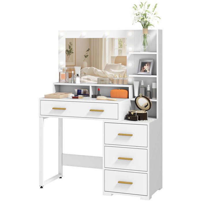 Coiffeuse - HOMCOM - miroir et 9 lumières LED - 4 tiroirs et 6 compartiments ouverts - 100 x 40 x 138 cm - blanc