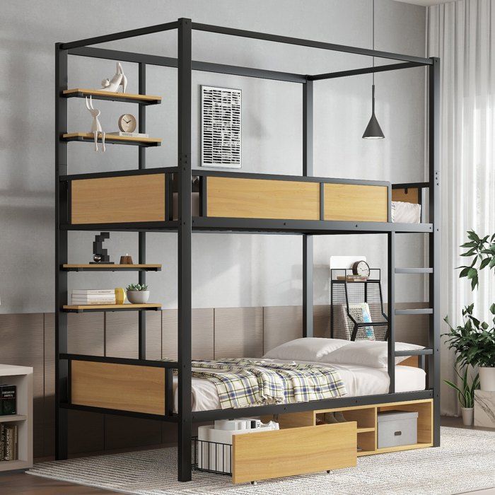 Lit superposé 90*200 lit enfant avec barrières et échelles sommier étagère tiroirs et armoire à chaussures fer+MDF noir + naturel