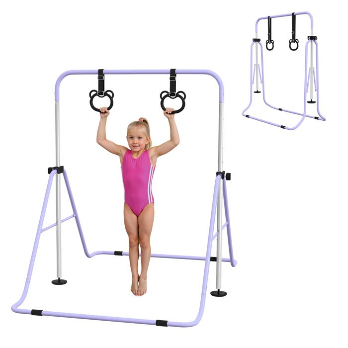 Barre De Gymnastique GYMMAGE Pliable – Hauteur Réglable 89-130 Cm, Avec Anneaux, Enfant 3-8 Ans, Rose/vert/violet