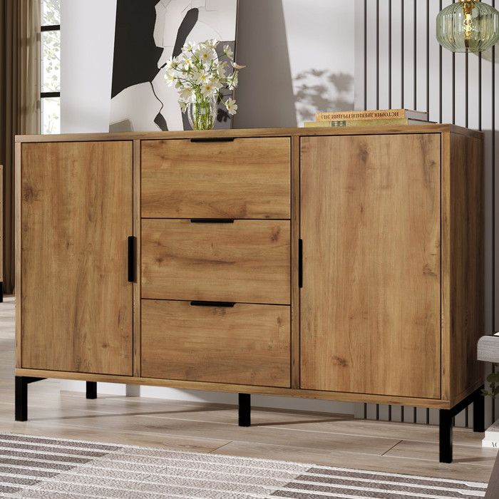 Commode avec 2 Portes et 3 Tiroirs Casier Armoire Chambre Vintage Buffet Bas Etagères Réglables Chêne Profond 120x40x76cm