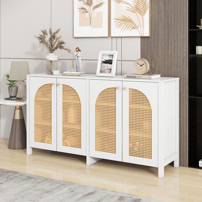 Buffet bas 145×40×80 cm avec 4 portes en rotin Buffet de cuisine avec poignées métalliques Buffet salle a manger en blanc