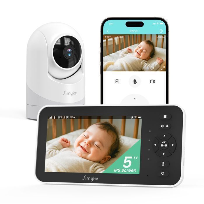 Simyke BabyPhone 330°-Moniteur 5-Contrôle température-Vision nocturne-Connexion jusquà 450 mètres-Angle 120° Two-way Talk-Mode App