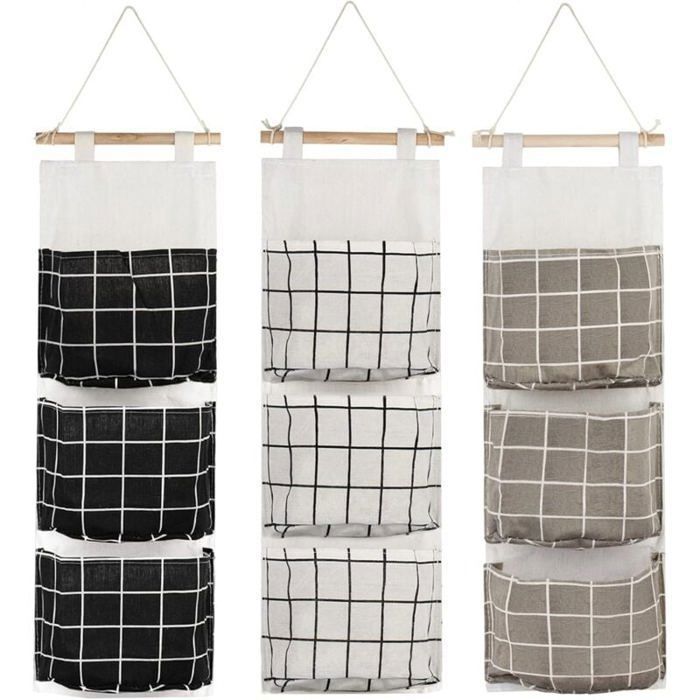 3PCS Sacs de Rangement Suspendus avec 3 Poches Tissu Étanche (Noir/Gris/Blanc)