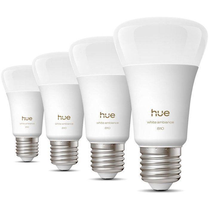 Pack de 4 ampoules LED connectées A60 - PHILIPS HUE - Lumière blanche chaude - Culot E27 - 6W - 1000-2000k - 810 lumens