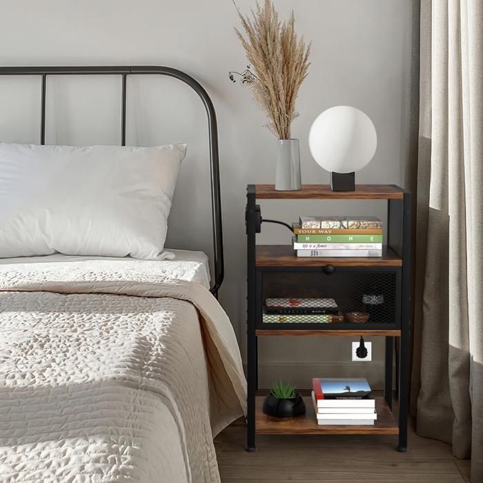 SUPFINE Lot de 1 Table de Chevet avec Station de Charge USB et Tiroir Étagère avec Ports USB et Prises de Courant pour Chambre