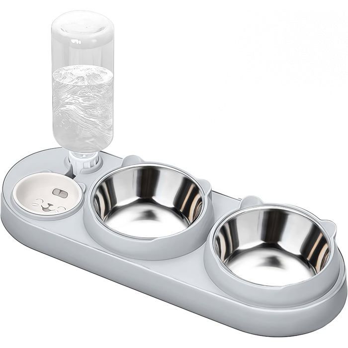 Comparer les prix de Gamelle chat 3-en-1 inclinée 15° distributeur eau 3 bols inox pour chats/chiens