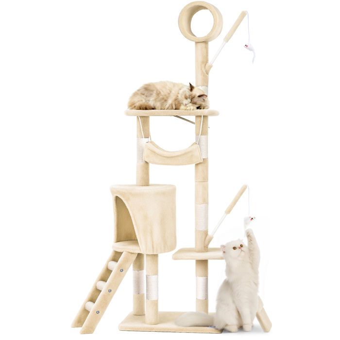 Meilleurs prix pour VOUNOT® Arbre à chat 155cm multi niveaux beige - avec griffoir niche jouet et plateforme - arbre à grimper