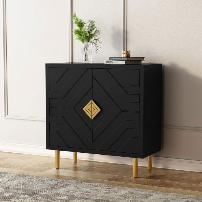 Buffet de cuisine - HOLTICO - Meuble de rangement cuisine a 2 portes style moderne - Noir et Or - 805 x 36 x 82 cm