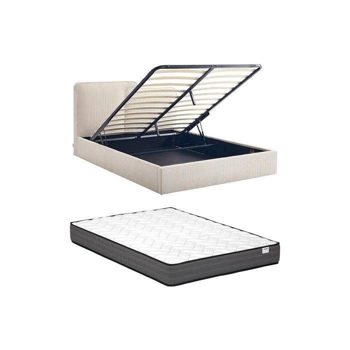 Lit coffre 180 x 200 cm - Velours côtelé - Beige + Matelas - NAYOLA