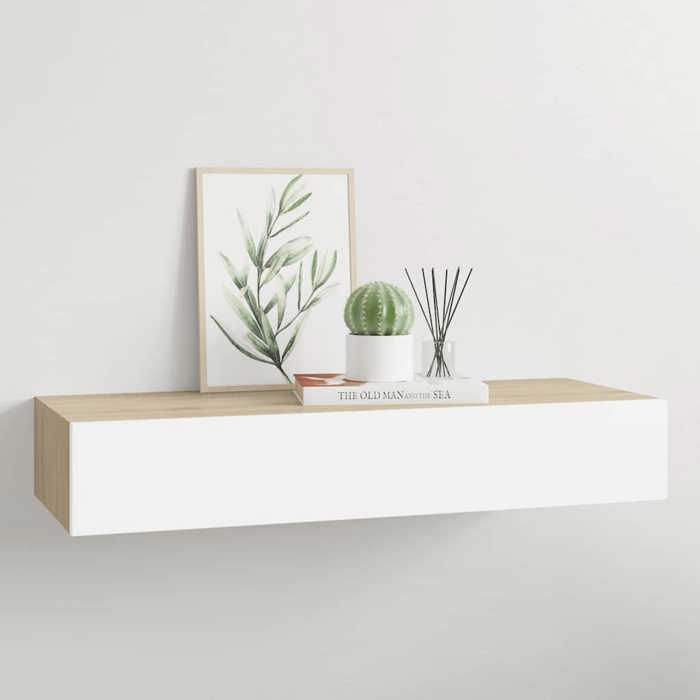 Étagère murale à tiroirs - vidaXL - 60x235x10 cm - Chêne et blanc - MDF et métal - Tiroir 495x18x55 cm