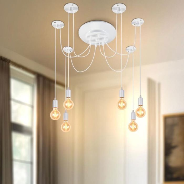 WOTTES Suspension Luminaire Vintage Industrielle Lampe Araignée Blanc 6 Bras Rétro Edison DIY Réglable Lustre pour Cuisine Bar