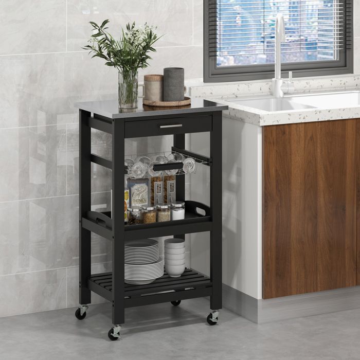 GIANTEX Chariot de Service Roulant Plateau Amovible Tiroir Desserte de Cuisine à Roulettes Pieds en Bois de Pin 47x39x85cm Noir