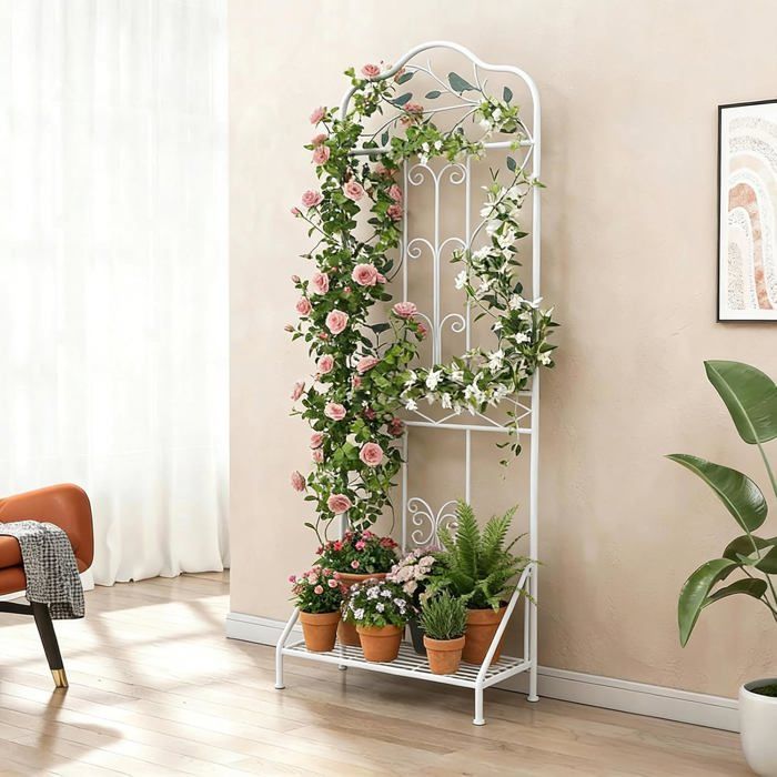 Treillis de Jardin pour Plantes Grimpantes COSTWAY Étagère Pliable Kits Anti-Basculement Piquets pour Plantes en Pot Blanc