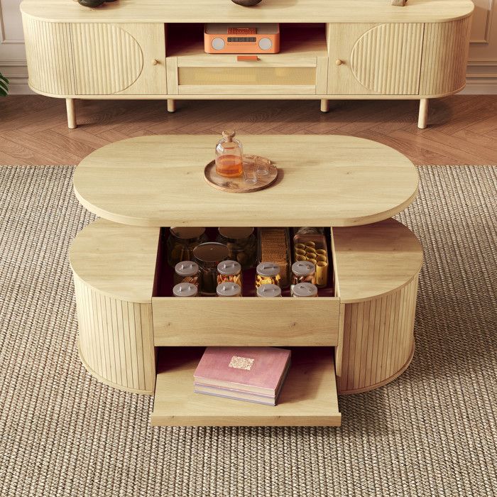 Table basse relevable 110x55.5x40cm - étagère coulissante plateau relevable - côtés en bois incurvés - Bois