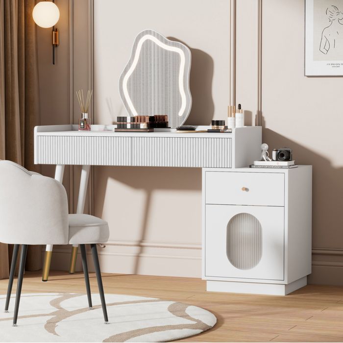 Coiffeuse avec miroir LED EVRYAE 100 x 398 x 75 cm 3 tiroirs et 1 porte meuble de chambre blanc