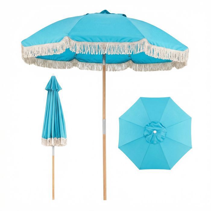 COSTWAY Parasol de Jardin d’Extérieur avec Franges - 8 Baleines Robustes Inclinaison Réglable Ouverture Automatique Bleu