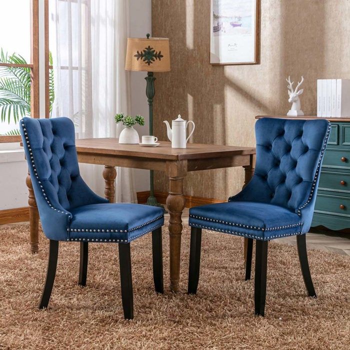 Chaise de salle à manger - Lot de 2 - Dossier haut ergonomique - Velours bleu - Pieds bois massif réglables