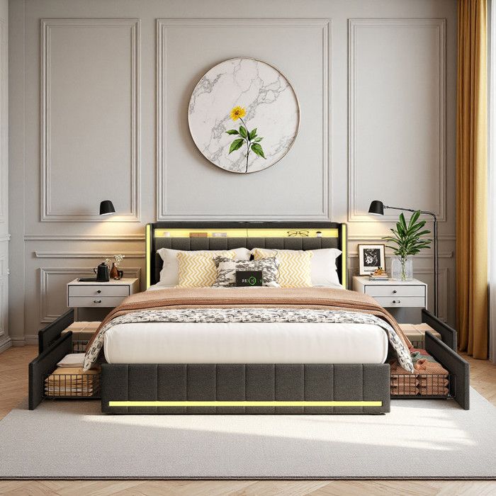 Lit double 180x200 - Tête capitonnée lin gris - LED RGB intégrée - 4 tiroirs métal - USB-A & Type-C