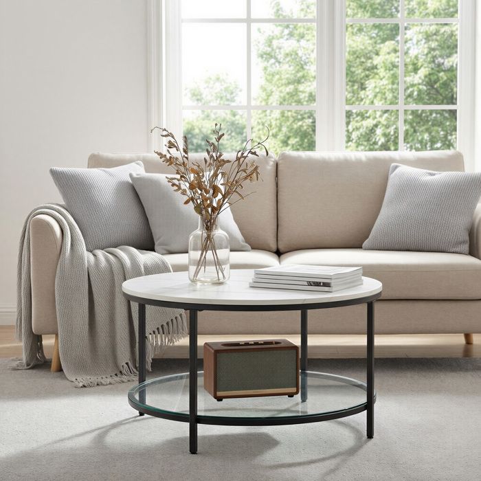 Table basse ronde avec étagère en verre trempé table de salon montage facile style moderne salon Blanc et Noir