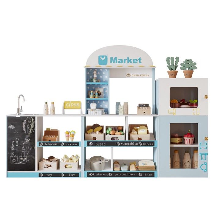 Dînette Magasin Jouet Enfant Bleu 155x30x107.5cm-Réfrigérateur Tableau Noir Bois Plastique Éducatif 3 Ans Jeu Imitation Créatif Dînette Magasin Jouet Enfant Bleu 155x30x107.5cm-Réfrigérateur Tableau Noir Bois Plastique Éducatif 3 Ans Jeu Imitation Créatif