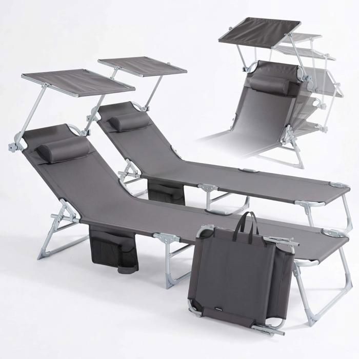 AREBOS Lot de 2 chaises longues et chaise pliante avec pare-soleil 2 chaises longues de jardin et de camping Anthracite AREBOS Lot de 2 chaises longues et chaise pliante avec pare-soleil 2 chaises longues de jardin et de camping Anthracite