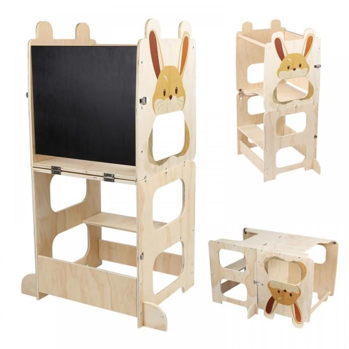 Tour dapprentissage Montessori 4 en 1 Tour dObservation Enfant Pliable avec Tableau Noir Tabouret de Cuisine pour Enfants Lapin