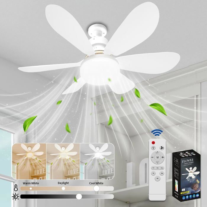 Ventilateur de Plafond avec Lumière et Telecommande LED Ventilateur Dimmable，40W E27 6 Pales 3 Vitesses Silencieux(Blanc)