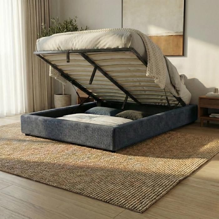 Sommier coffre - SAMPUR - Vegas - 200x200 cm - Velours côtelé Bleu nuit - Coffre 900 L Sommier coffre - SAMPUR - Vegas - 200x200 cm - Velours côtelé Bleu nuit - Coffre 900 L