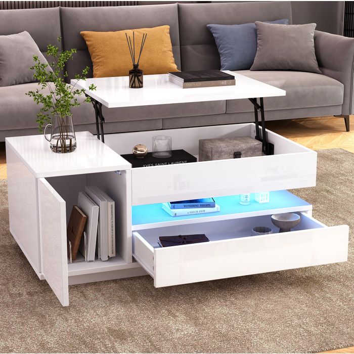 Table basse relevable SENVIRO lumineuse 95x50x34cm Blanc